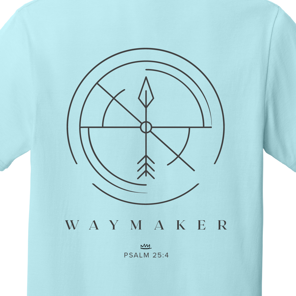Light blue t-shirt with a design and text on the back against a white background