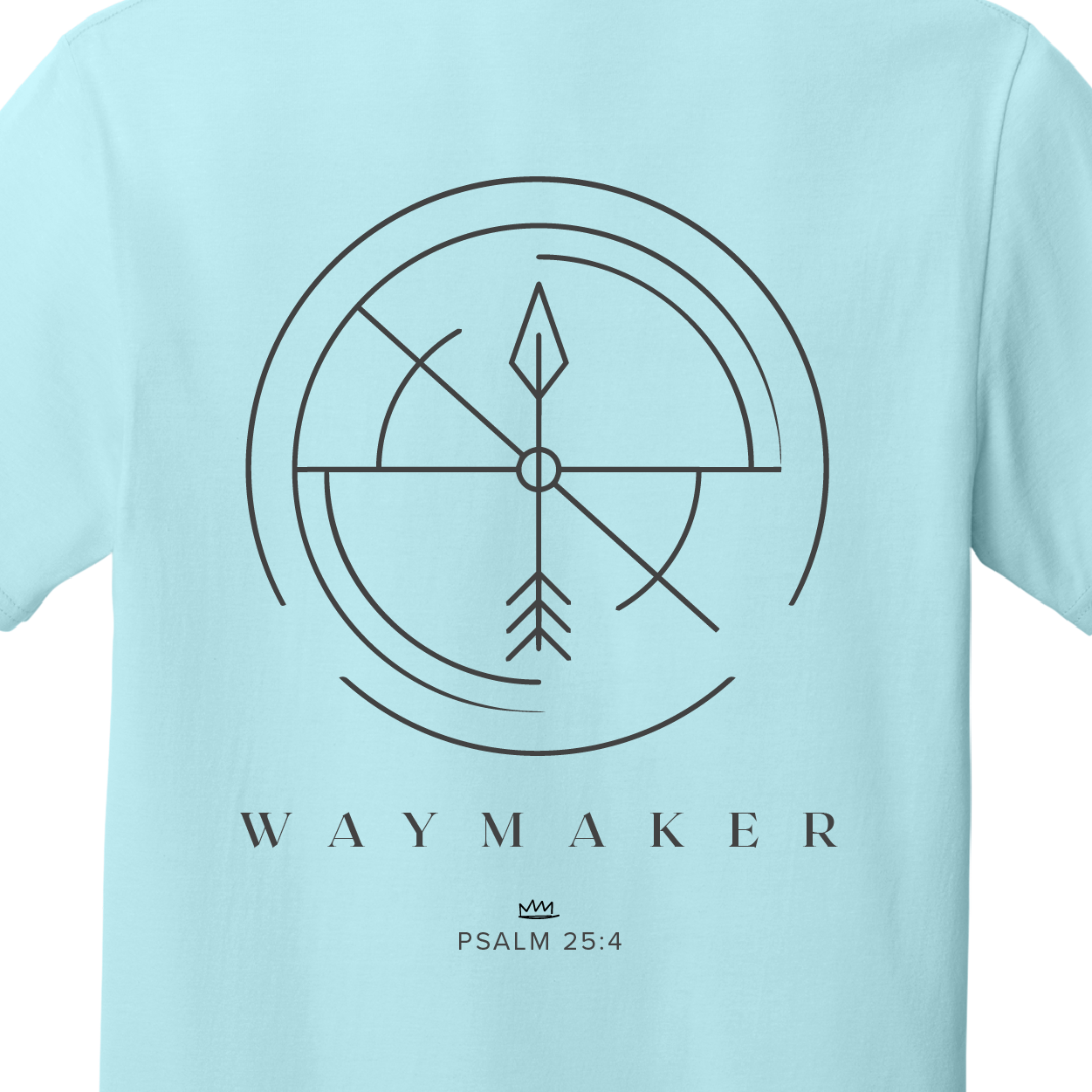 Light blue t-shirt with a design and text on the back against a white background