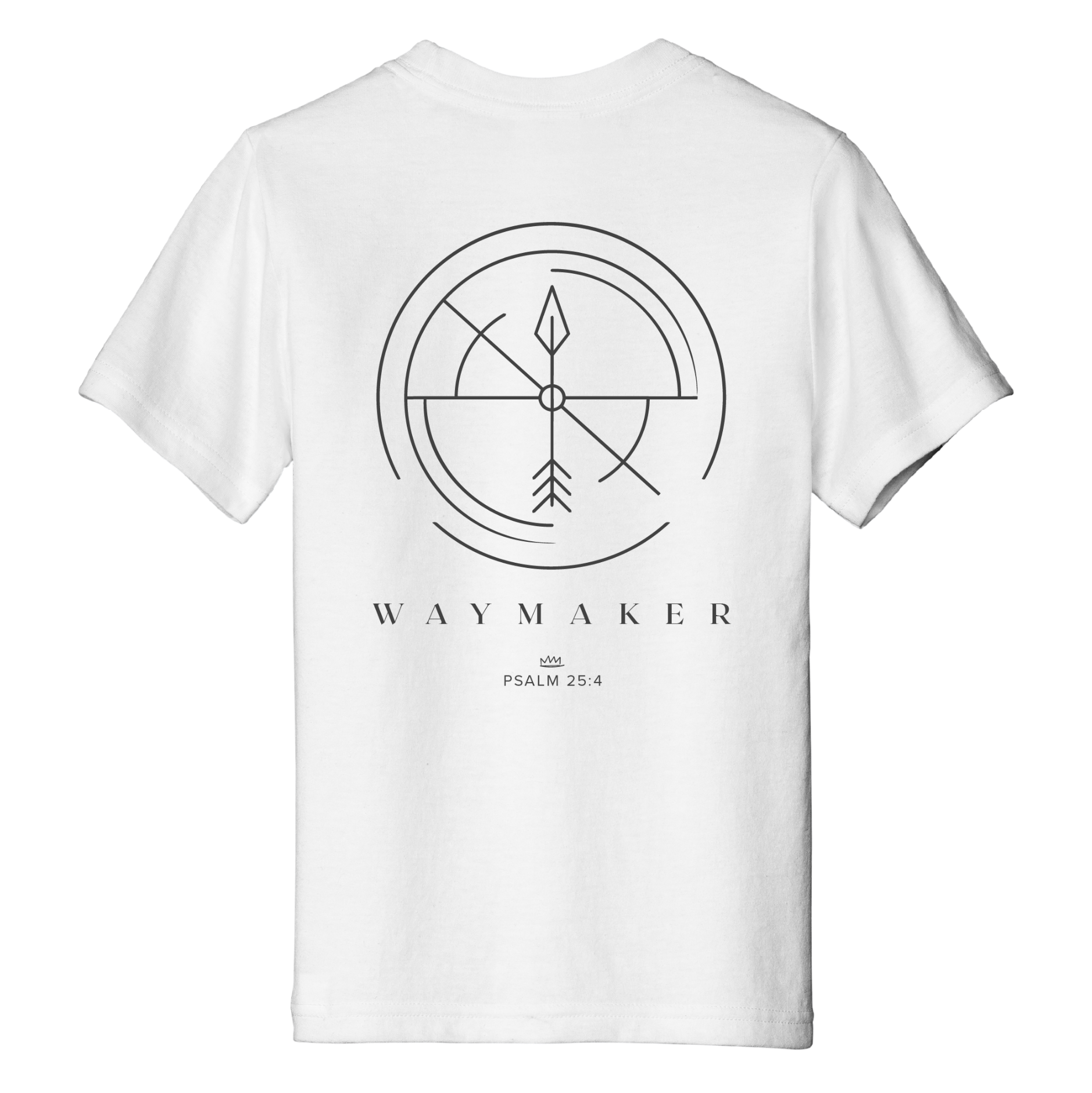 White t-shirt with 'Waymaker' design and text on a white background
