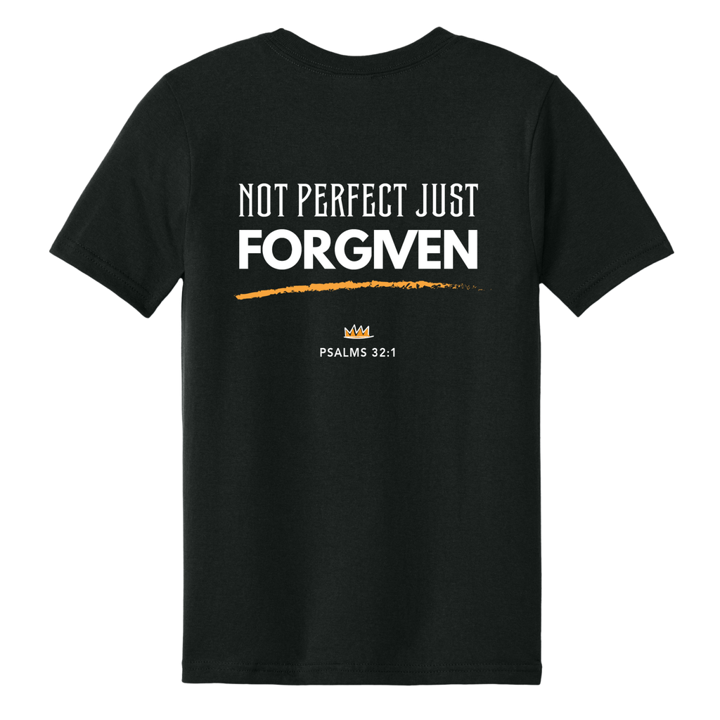 Black t-shirt with 'Not Perfect Just Forgiven' text on a white background
