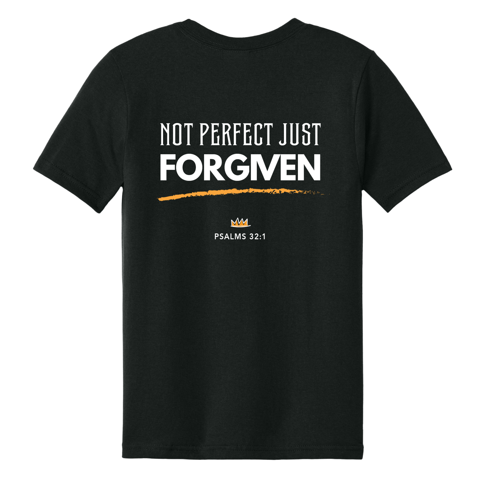 Black t-shirt with 'Not Perfect Just Forgiven' text on a white background