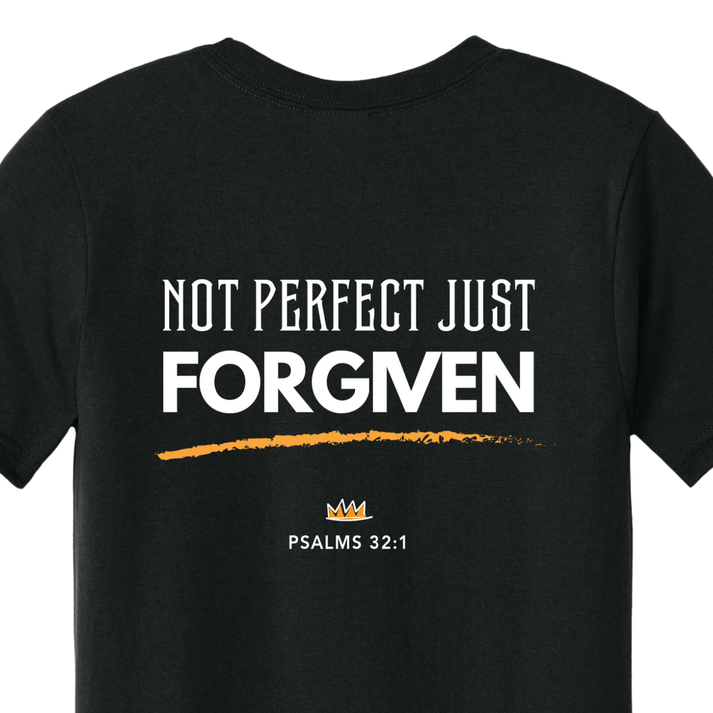 Black t-shirt with 'Not Perfect Just Forgiven' text on a white background