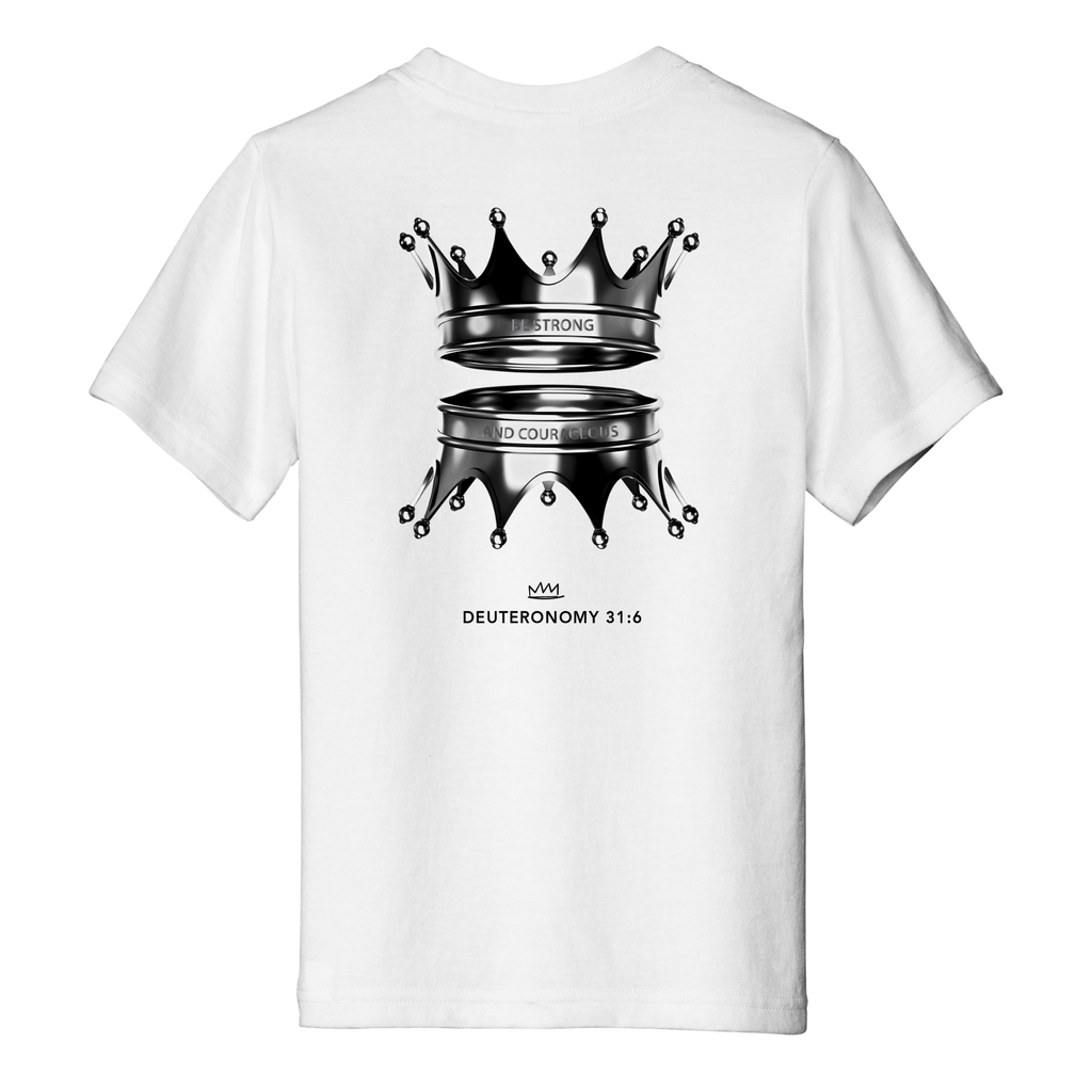 White t-shirt with a graphic design of crowns and text on a white background