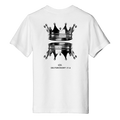 White t-shirt with a graphic design of crowns and text on a white background