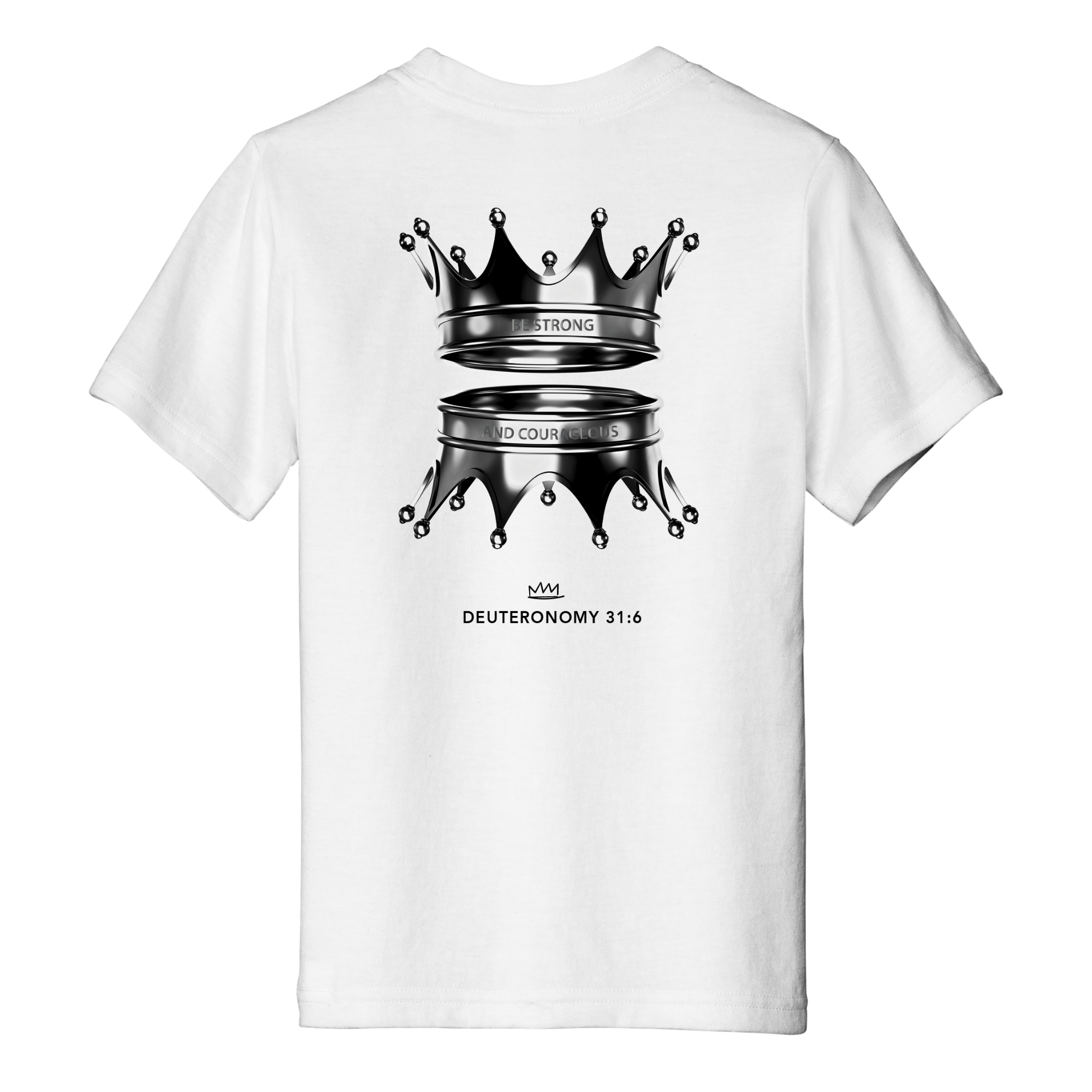 White t-shirt with a graphic design of crowns and text on a white background