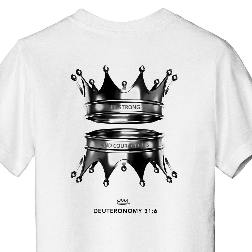 White t-shirt with a graphic design of crowns and text on a white background
