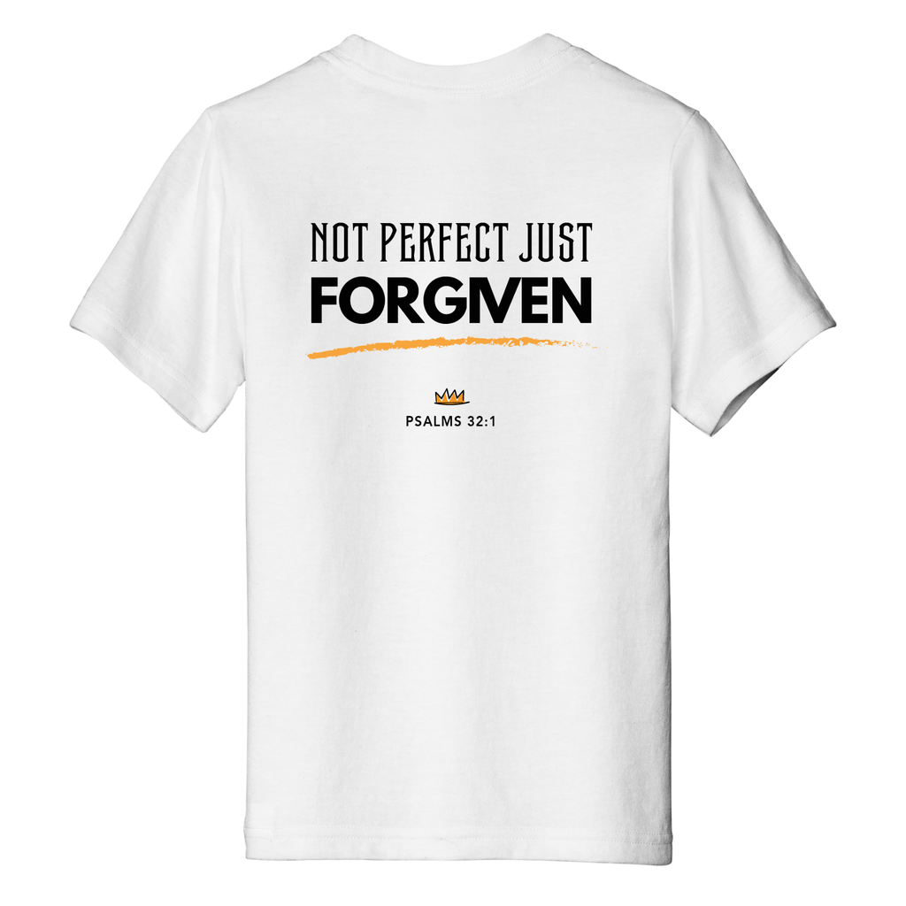 White t-shirt with 'Not Perfect Just Forgiven' text on a white background