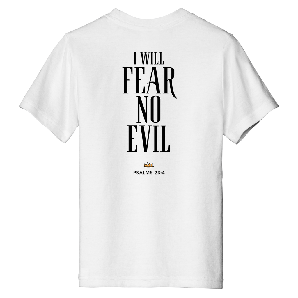 White t-shirt with black text 'I WILL FEAR NO EVIL' on a white background