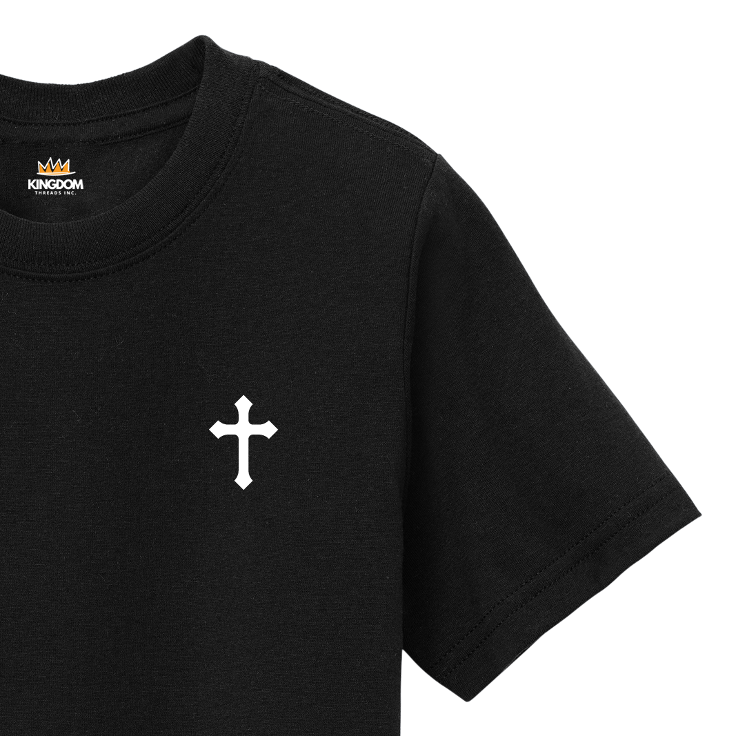 Black t-shirt with a white cross on a white background