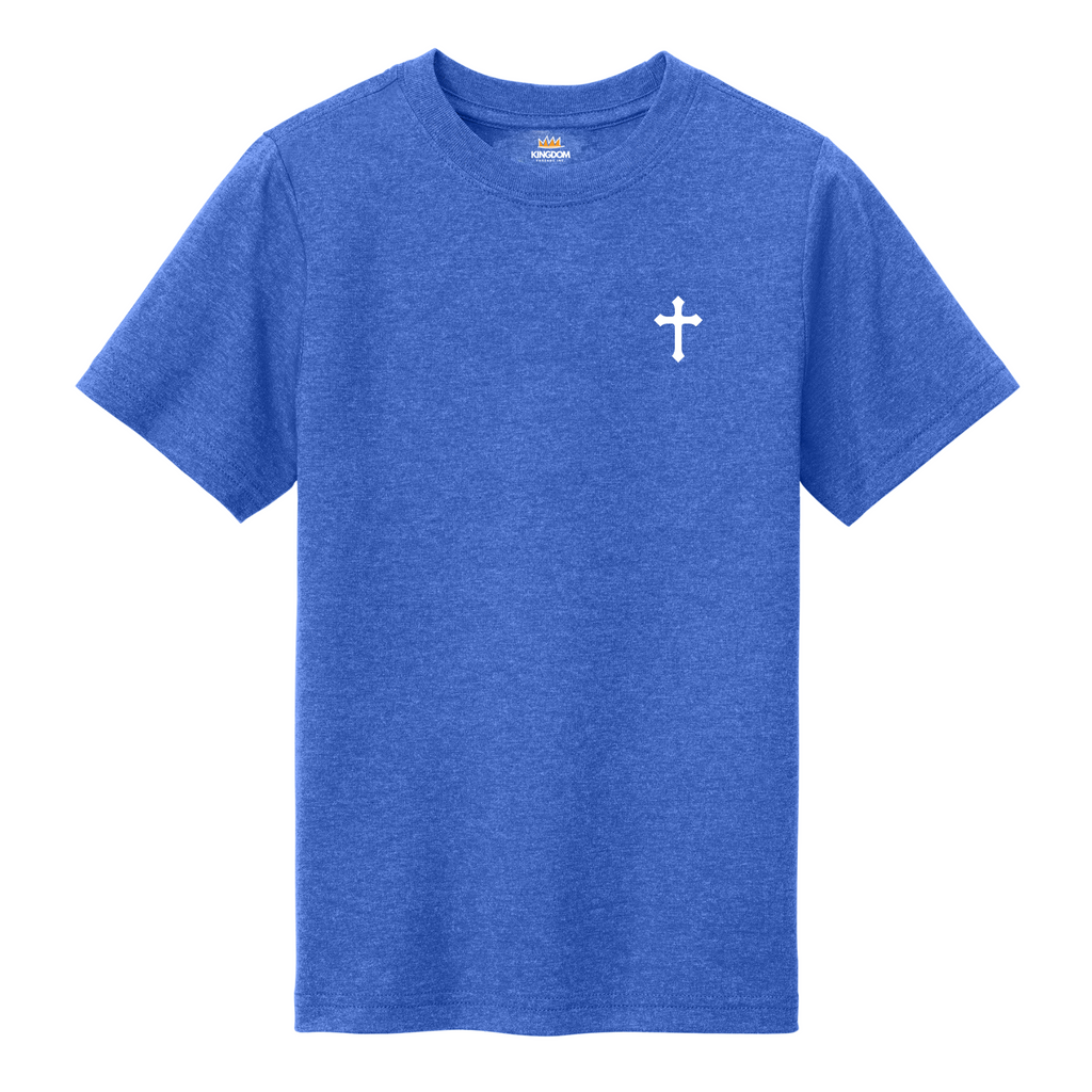 Blue t-shirt with a white cross on a white background