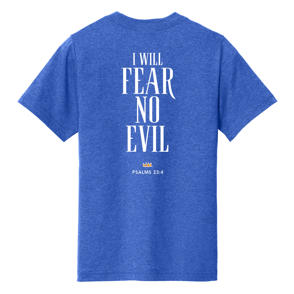 Blue t-shirt with 'I Will Fear No Evil' text on the back against a white background