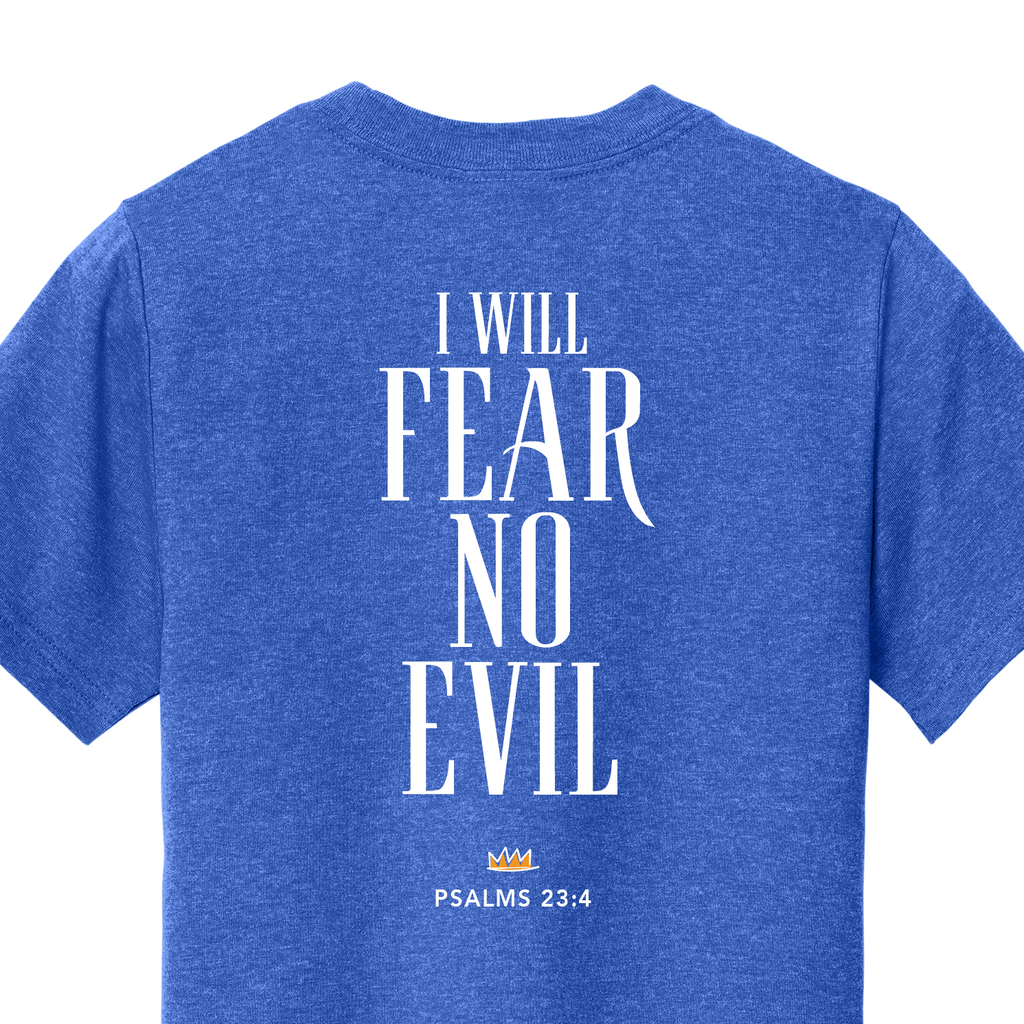 Blue t-shirt with 'I Will Fear No Evil' text on the back against a white background