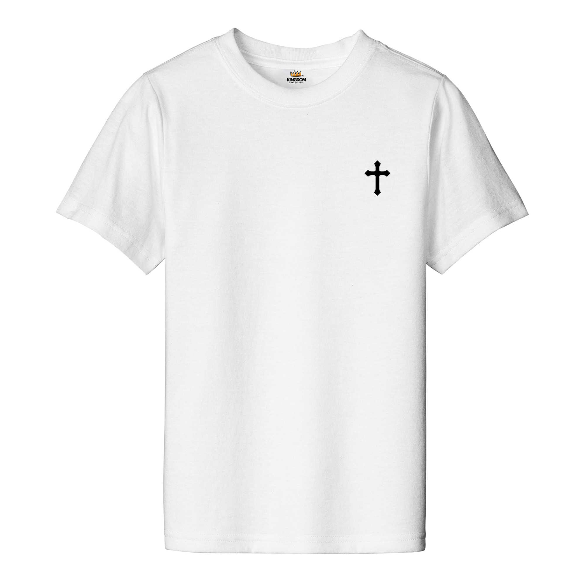 White t-shirt with a black cross on a white background