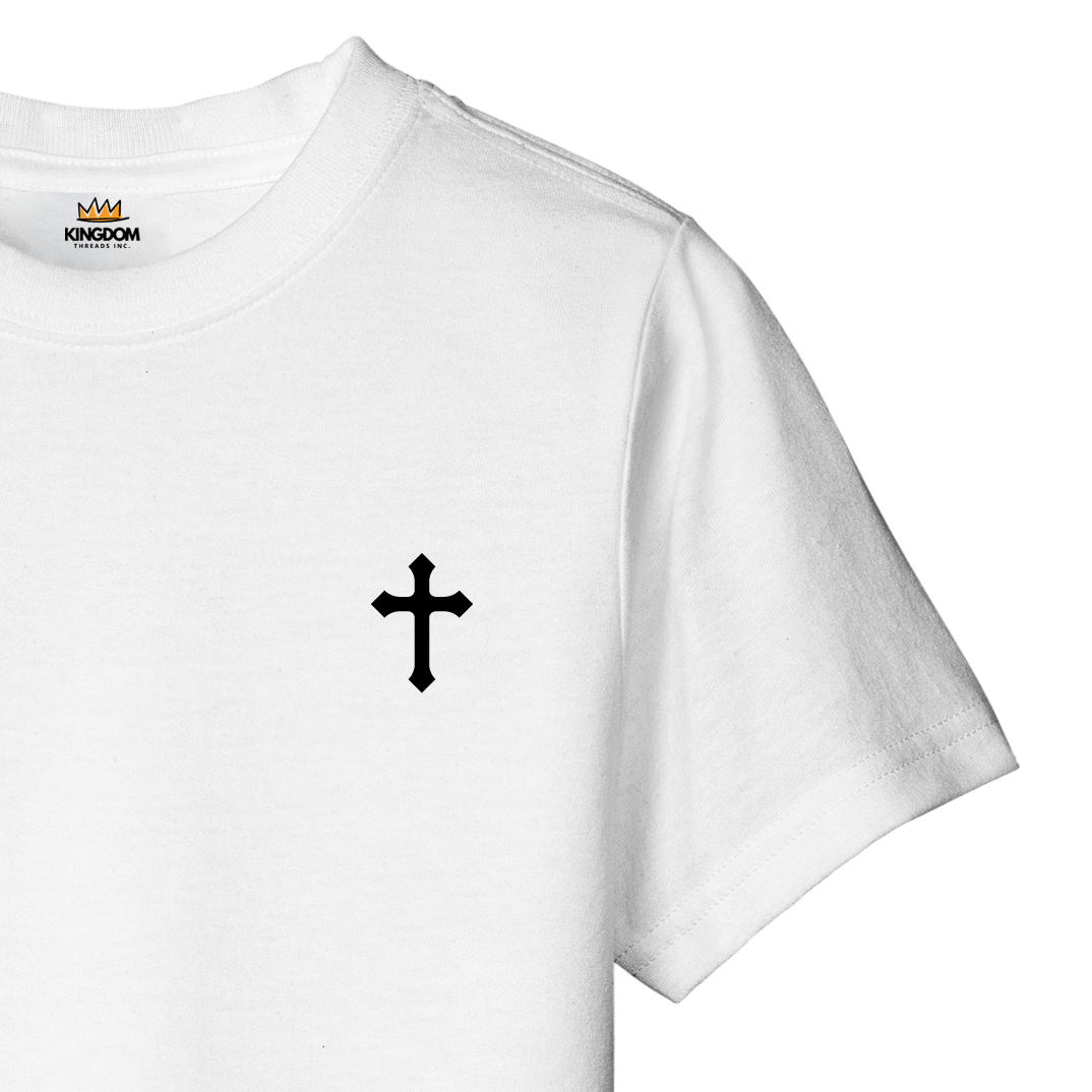 White t-shirt with a black cross on a white background